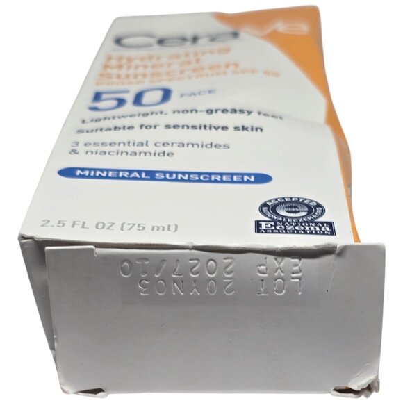 CeraVe Hydrating Mineral Sunscreen SPF 50 For Face 2.5 Fl Oz Broad Spectrum Ligh - Picture 5 of 9